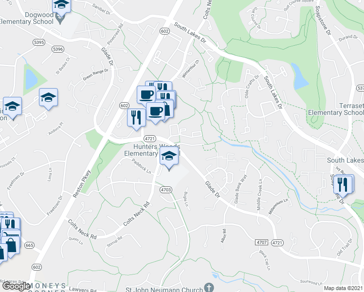 map of restaurants, bars, coffee shops, grocery stores, and more near 11843 Shire Court in Reston
