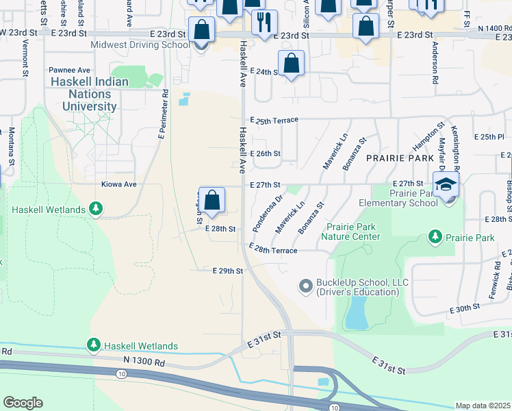 map of restaurants, bars, coffee shops, grocery stores, and more near 2725 Trail Dust Court in Lawrence