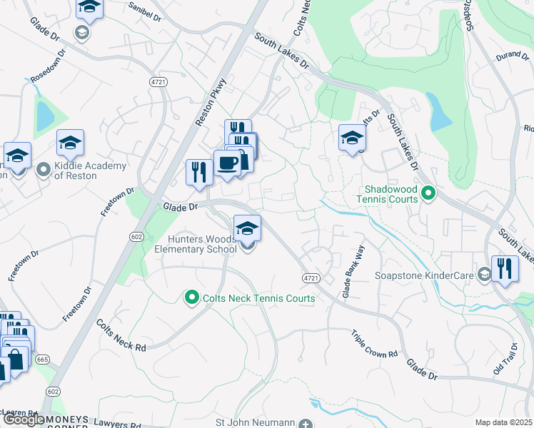 map of restaurants, bars, coffee shops, grocery stores, and more near 11843 Shire Court in Reston