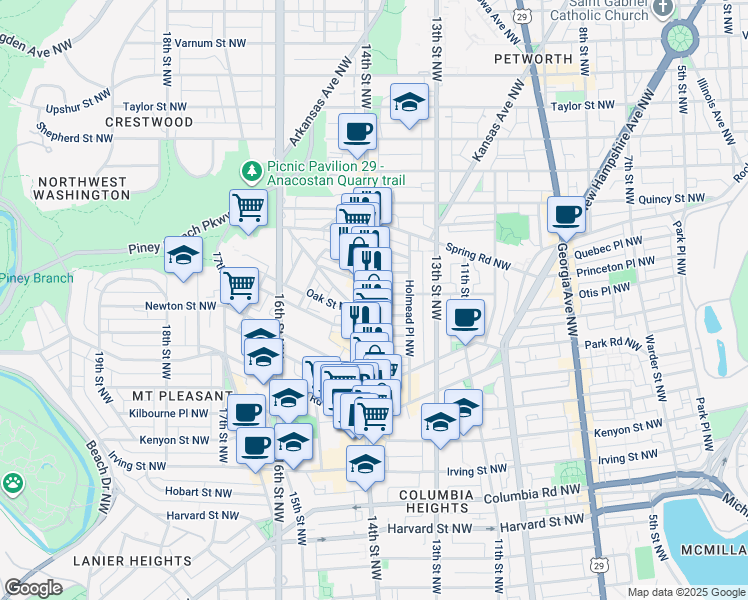 map of restaurants, bars, coffee shops, grocery stores, and more near 3473 14th Street Northwest in Washington