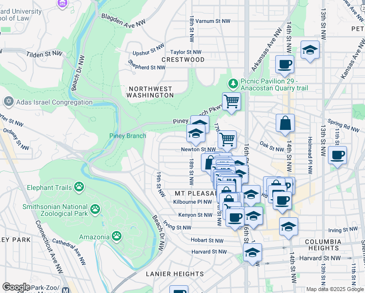 map of restaurants, bars, coffee shops, grocery stores, and more near 1821 Newton Street Northwest in Washington