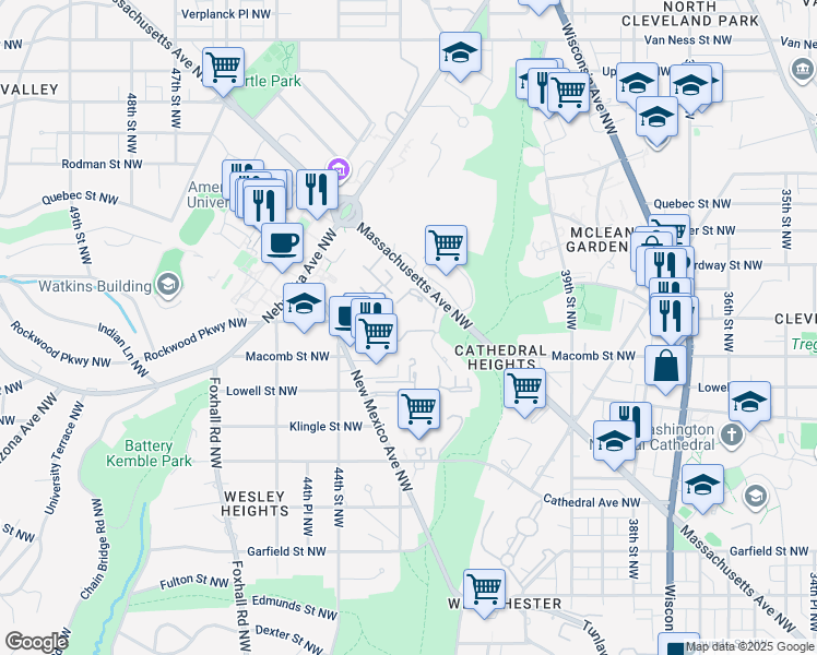 map of restaurants, bars, coffee shops, grocery stores, and more near 4100 Massachusetts Avenue Northwest in Washington