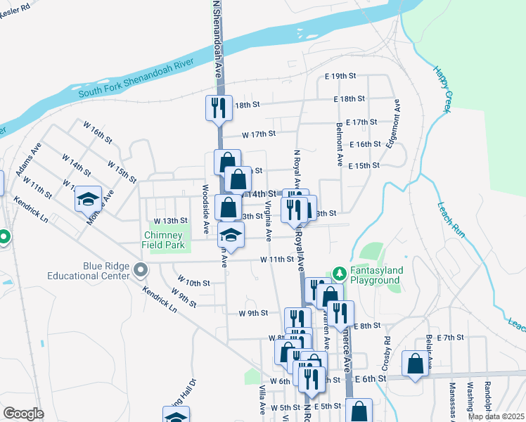 map of restaurants, bars, coffee shops, grocery stores, and more near in Front Royal
