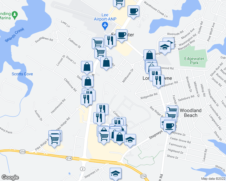 map of restaurants, bars, coffee shops, grocery stores, and more near 3805 Hayward Court in Edgewater