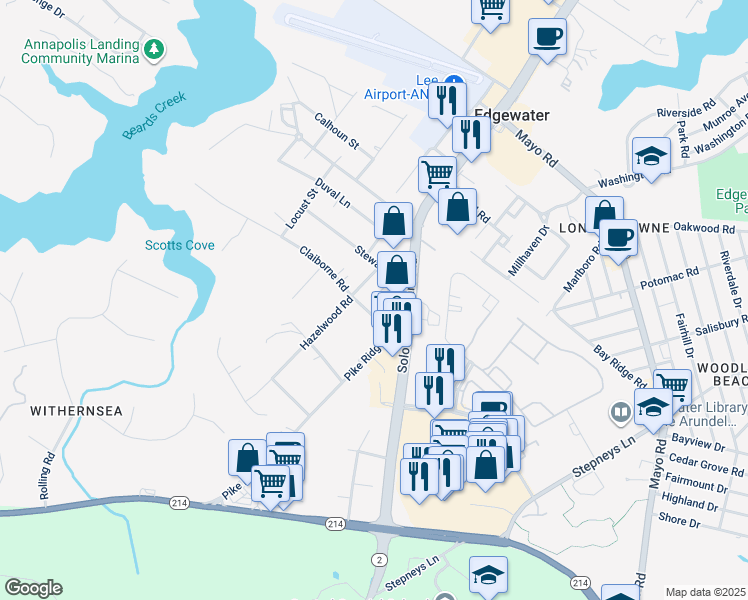 map of restaurants, bars, coffee shops, grocery stores, and more near 87 Stewart Drive in Edgewater