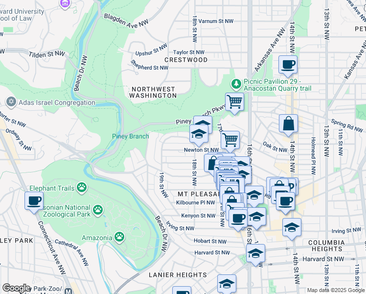 map of restaurants, bars, coffee shops, grocery stores, and more near 1823 Newton Street Northwest in Washington