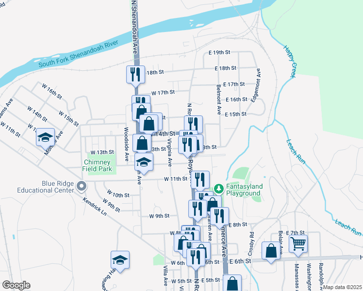 map of restaurants, bars, coffee shops, grocery stores, and more near 15 West 13th Street in Front Royal