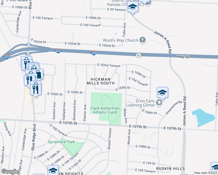 map of restaurants, bars, coffee shops, grocery stores, and more near 7909 East 105th Street in Kansas City