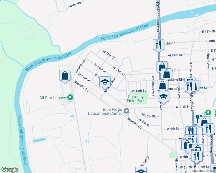 map of restaurants, bars, coffee shops, grocery stores, and more near 700 W 13th St in Front Royal