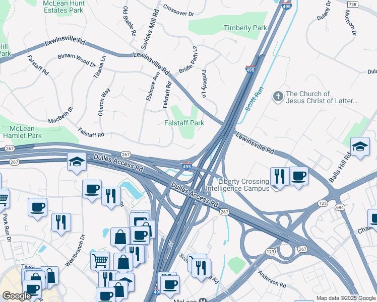 map of restaurants, bars, coffee shops, grocery stores, and more near 7711 Lear Road in McLean