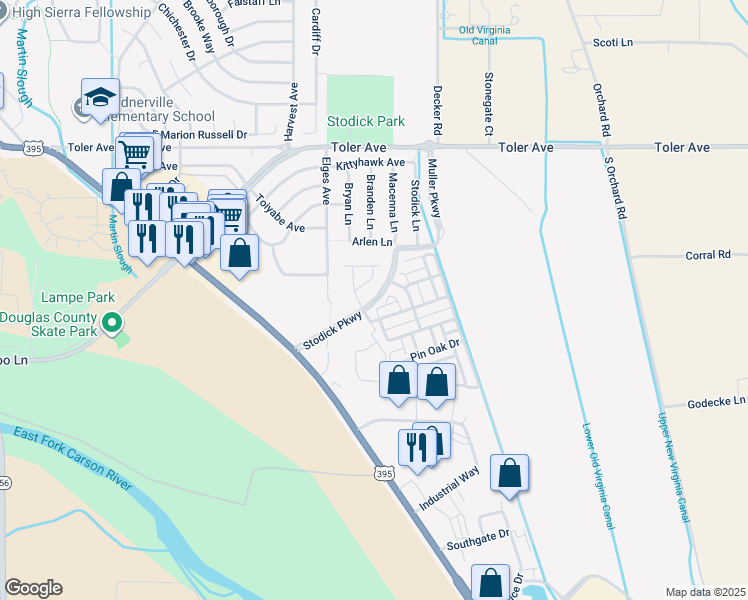 map of restaurants, bars, coffee shops, grocery stores, and more near 1400 Honey Locust Avenue in Gardnerville