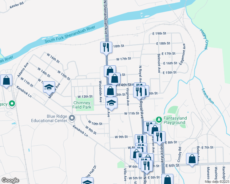 map of restaurants, bars, coffee shops, grocery stores, and more near 137 West 13th Street in Front Royal
