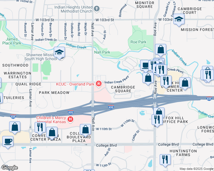 map of restaurants, bars, coffee shops, grocery stores, and more near 10787 Ash Street in Overland Park