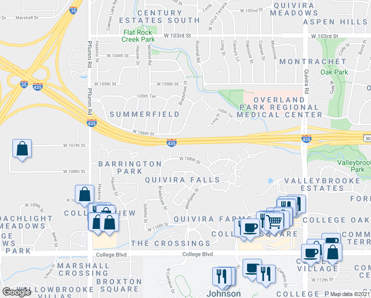 map of restaurants, bars, coffee shops, grocery stores, and more near 12740 West 108th Street in Overland Park