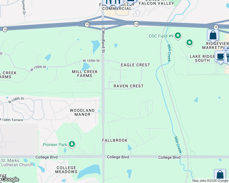 map of restaurants, bars, coffee shops, grocery stores, and more near 19817 West 107th Street in Olathe
