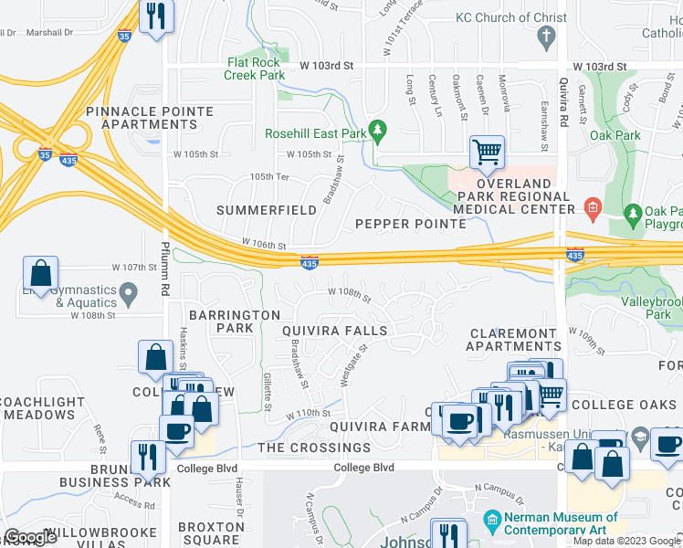 map of restaurants, bars, coffee shops, grocery stores, and more near 12736 West 108th Street in Overland Park