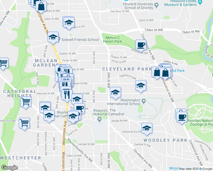map of restaurants, bars, coffee shops, grocery stores, and more near 3400 Newark Street Northwest in Washington