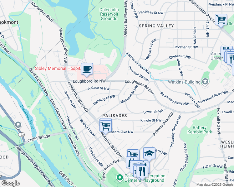 map of restaurants, bars, coffee shops, grocery stores, and more near 5101 Manning Place Northwest in Washington