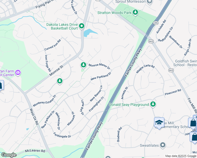 map of restaurants, bars, coffee shops, grocery stores, and more near 12901 New Parkland Drive in Herndon
