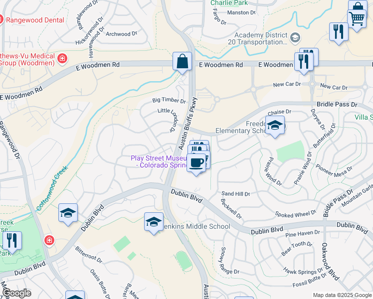 map of restaurants, bars, coffee shops, grocery stores, and more near 7062 Sand Crest View in Colorado Springs