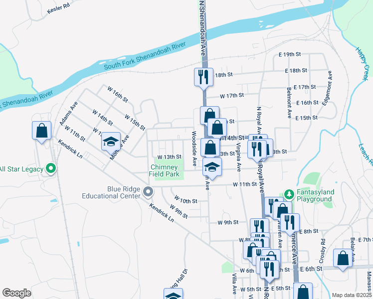 map of restaurants, bars, coffee shops, grocery stores, and more near 1320 Commonwealth Avenue in Front Royal