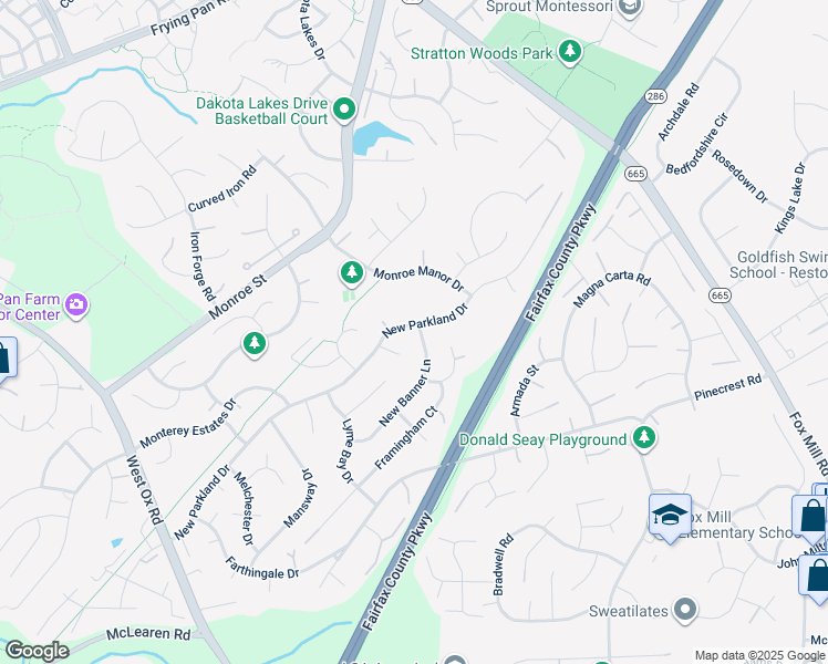 map of restaurants, bars, coffee shops, grocery stores, and more near 12901 New Parkland Drive in Herndon