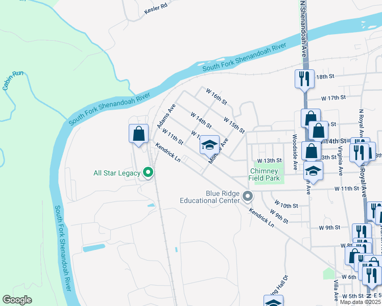 map of restaurants, bars, coffee shops, grocery stores, and more near 738 West 11th Street in Front Royal