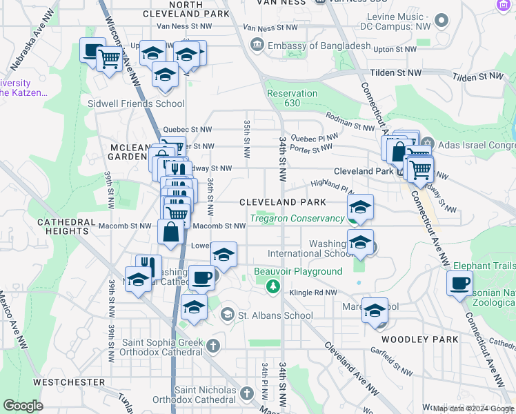 map of restaurants, bars, coffee shops, grocery stores, and more near 3432 Newark Street Northwest in Washington