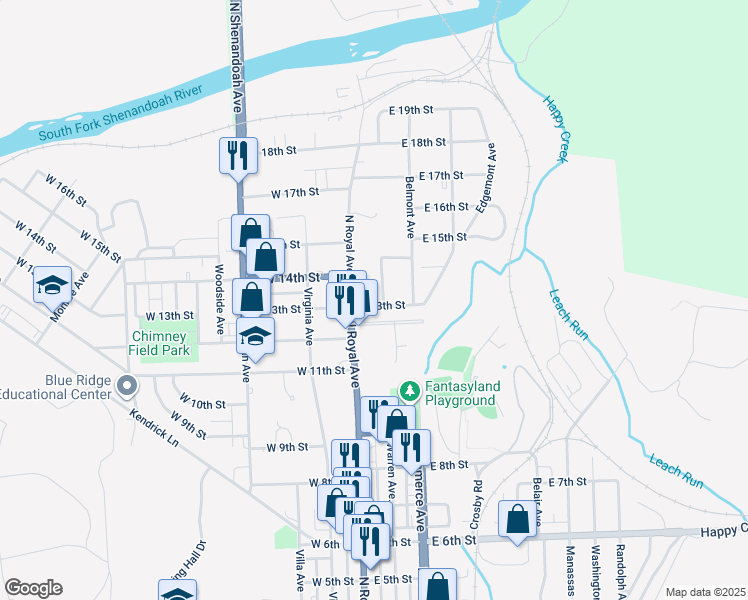 map of restaurants, bars, coffee shops, grocery stores, and more near 20 East 13th Street in Front Royal