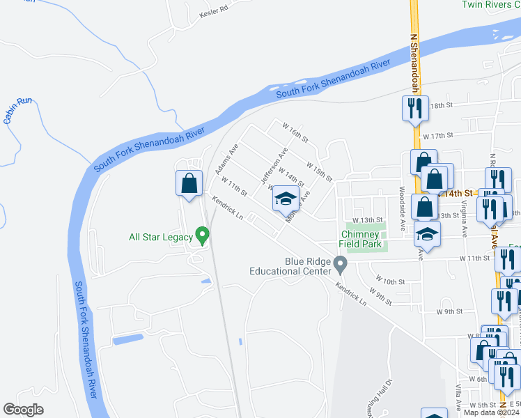 map of restaurants, bars, coffee shops, grocery stores, and more near 738 West 11th Street in Front Royal