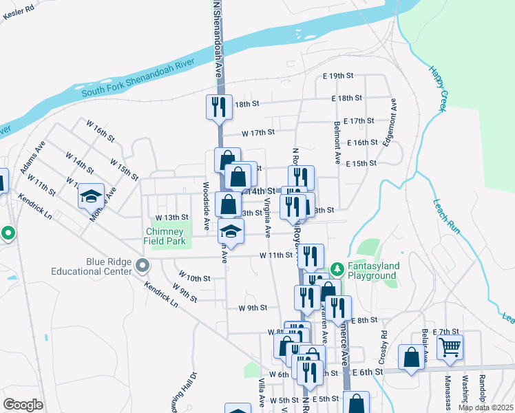 map of restaurants, bars, coffee shops, grocery stores, and more near 105 West 13th Street in Front Royal