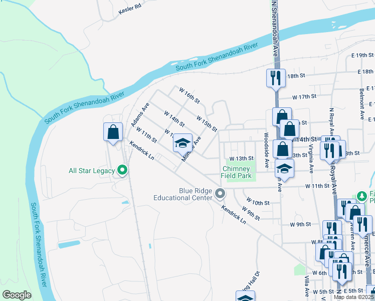 map of restaurants, bars, coffee shops, grocery stores, and more near 700 W 13th St in Front Royal