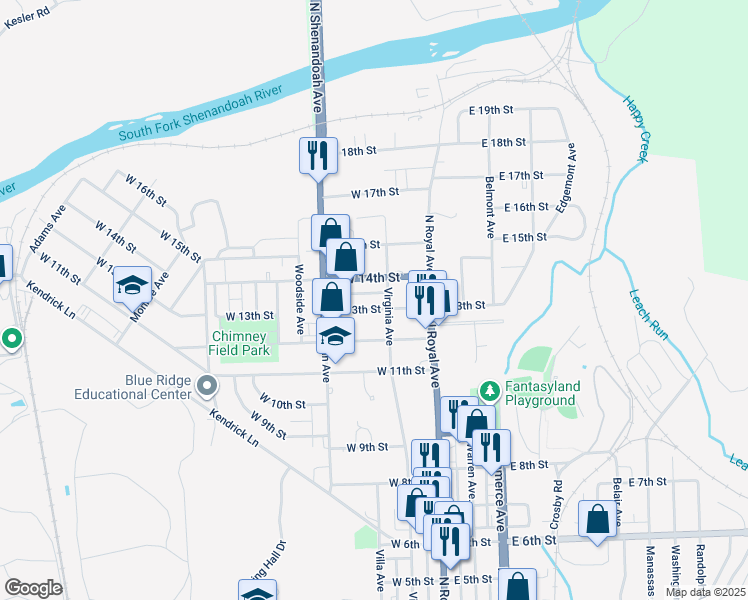 map of restaurants, bars, coffee shops, grocery stores, and more near 105 West 13th Street in Front Royal