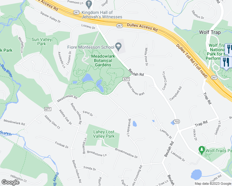 map of restaurants, bars, coffee shops, grocery stores, and more near 9621 Meadowlark Road in Vienna