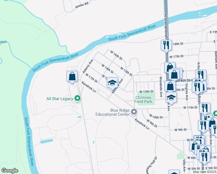 map of restaurants, bars, coffee shops, grocery stores, and more near 723 West 11th Street in Front Royal
