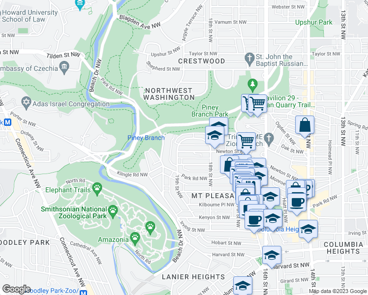 map of restaurants, bars, coffee shops, grocery stores, and more near 1871 Newton Street Northwest in Washington