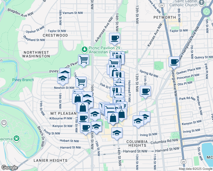 map of restaurants, bars, coffee shops, grocery stores, and more near 1443 Oak Street Northwest in Washington