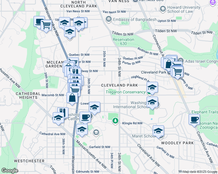 map of restaurants, bars, coffee shops, grocery stores, and more near 3432 Newark Street Northwest in Washington