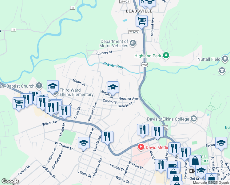 map of restaurants, bars, coffee shops, grocery stores, and more near 230 Heavner Avenue in Elkins