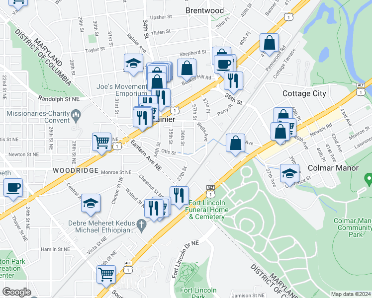 map of restaurants, bars, coffee shops, grocery stores, and more near 3705 36th Street in Mount Rainier