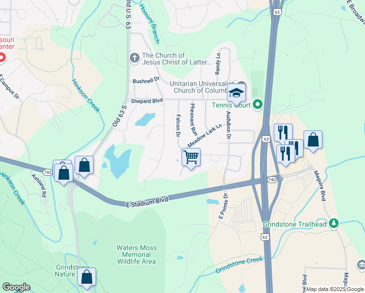 map of restaurants, bars, coffee shops, grocery stores, and more near 2309 Meadow Lark Lane in Columbia