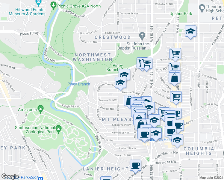 map of restaurants, bars, coffee shops, grocery stores, and more near 1821 Newton Street Northwest in Washington