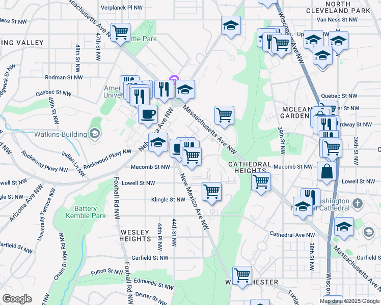map of restaurants, bars, coffee shops, grocery stores, and more near 4331 Embassy Park Drive Northwest in Washington