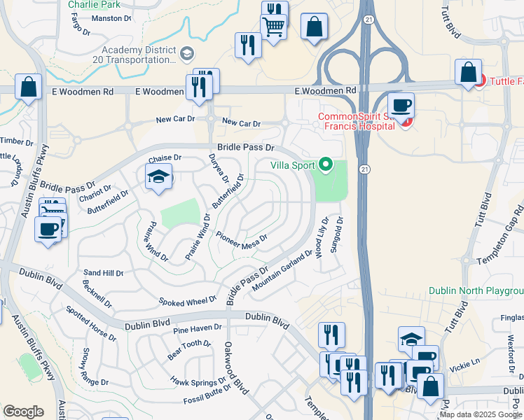 map of restaurants, bars, coffee shops, grocery stores, and more near 5561 Prairie Schooner Drive in Colorado Springs