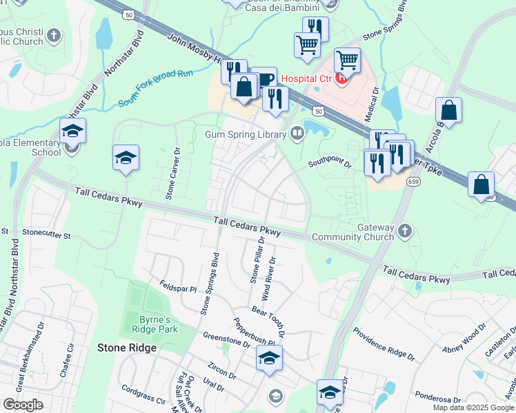 map of restaurants, bars, coffee shops, grocery stores, and more near 24688 Nettle Mill Square in Stone Ridge