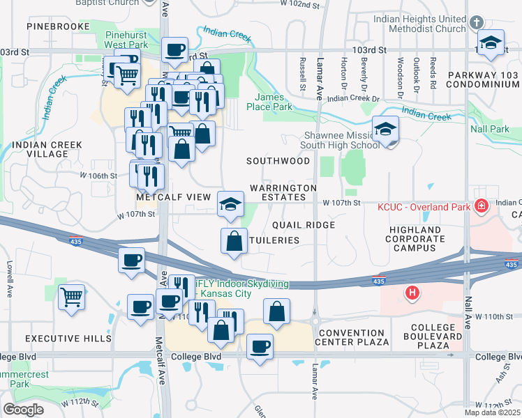 map of restaurants, bars, coffee shops, grocery stores, and more near 10704 Glenwood Street in Overland Park