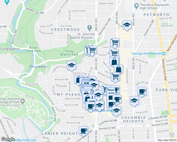 map of restaurants, bars, coffee shops, grocery stores, and more near 3416 Brown Street Northwest in Washington