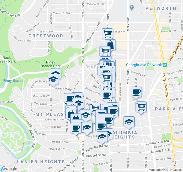 map of restaurants, bars, coffee shops, grocery stores, and more near 3511 Center Street Northwest in Washington