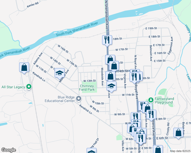 map of restaurants, bars, coffee shops, grocery stores, and more near 1321 Commonwealth Avenue in Front Royal