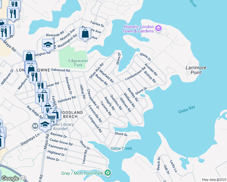 map of restaurants, bars, coffee shops, grocery stores, and more near 1606 Oldtown Road in Edgewater